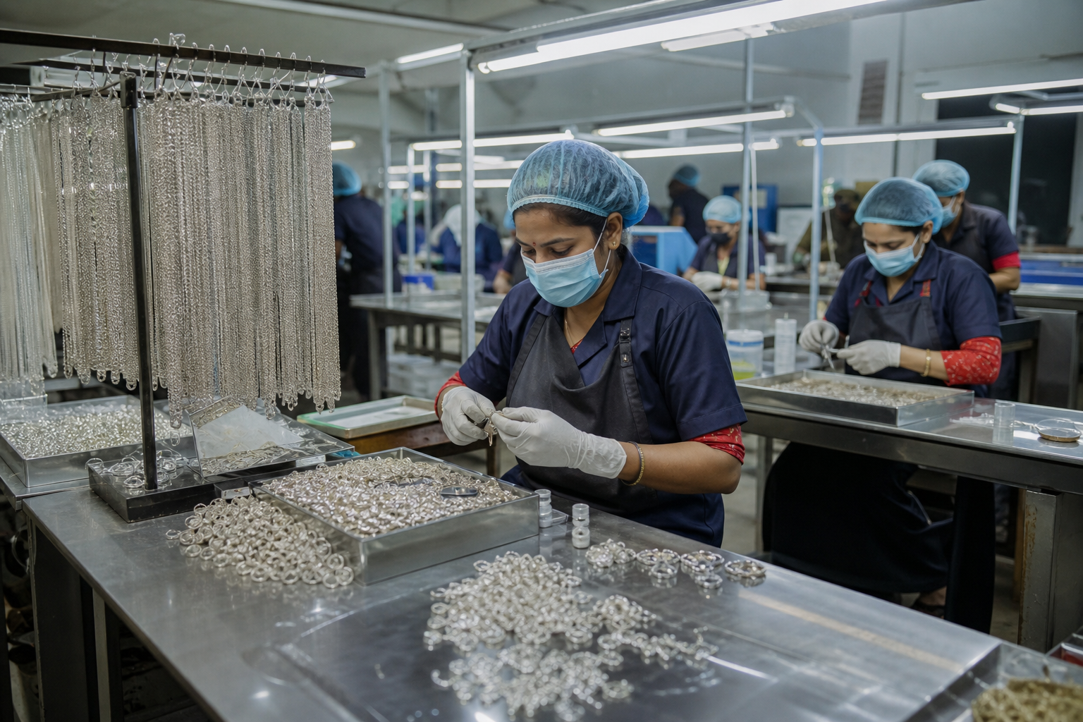 Factory workers plating and inspecting jewelry pieces in bulk on a production line